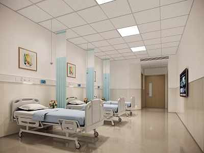 Clean Hospital Ward Interior With Medical Beds Curtains TV And Paintings 3d model