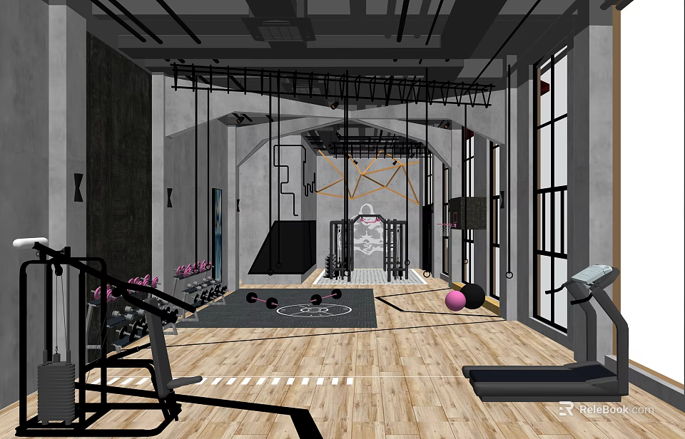 Spacious Fitness Studio With Treadmill Dumbbells Exercise Ball Suspended Gear And Wooden Floor 3d model 