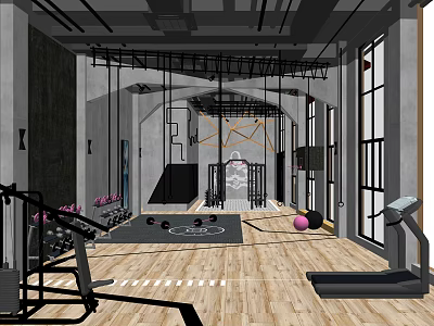 Spacious Fitness Studio With Treadmill Dumbbells Exercise Ball Suspended Gear And Wooden Floor 3d model
