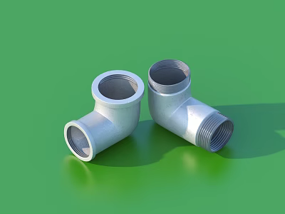 Silver Pipe Elbow Fittings Displayed on Green Background with Metallic Finish 3d model