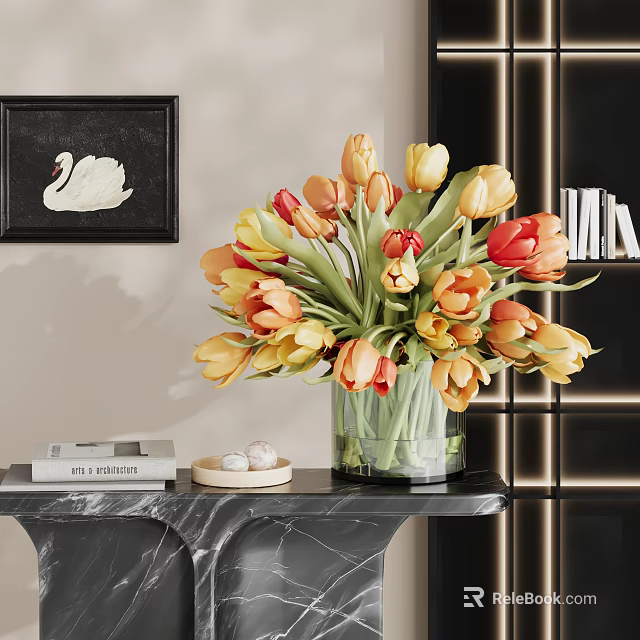 Glass Vase With Yellow Orange Red Tulips On Marble Tabletop With Swan Painting And Books 3d model 