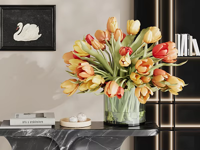 Glass Vase With Yellow Orange Red Tulips On Marble Tabletop With Swan Painting And Books 3d model
