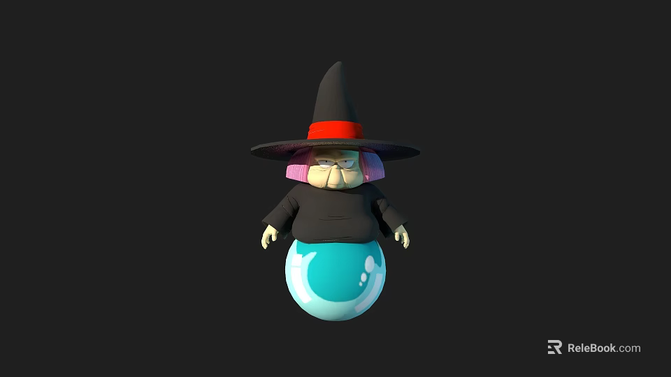 Witch Character With Black Wizard Hat Red Band And Pink Face On Blue Crystal Ball 3d model 