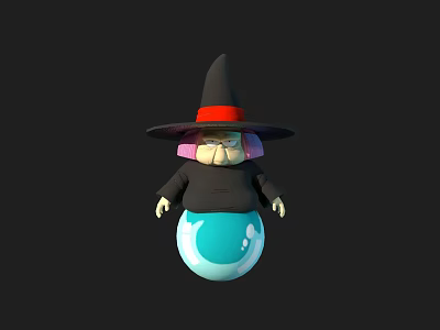 Witch Character With Black Wizard Hat Red Band And Pink Face On Blue Crystal Ball 3d model