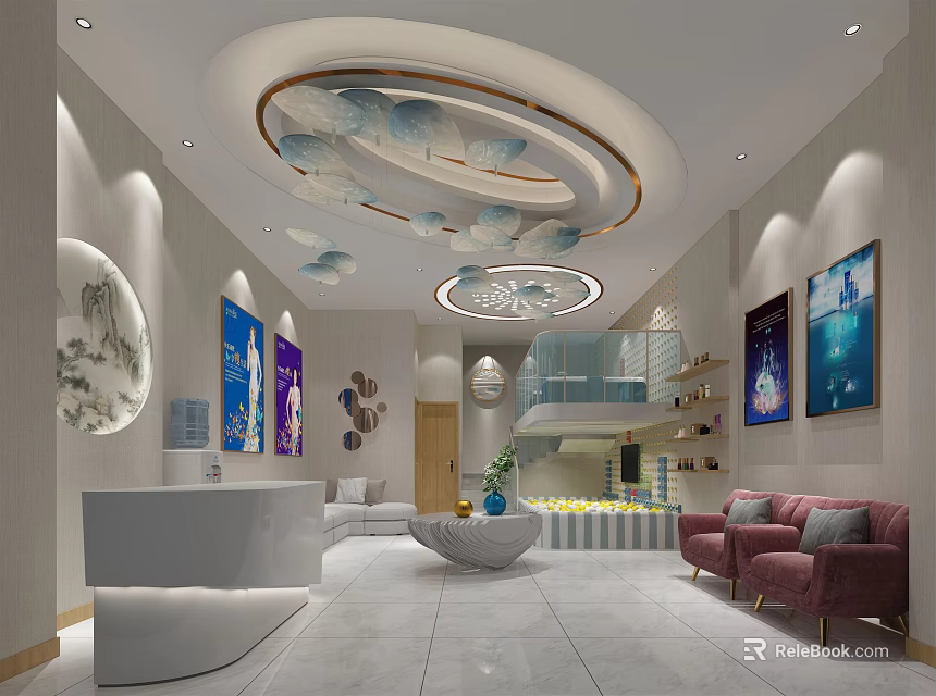 Modern Beauty Hair Salon Reception Area With Elegant Lighting Decorative Paintings And Sofa Seating 3d model 