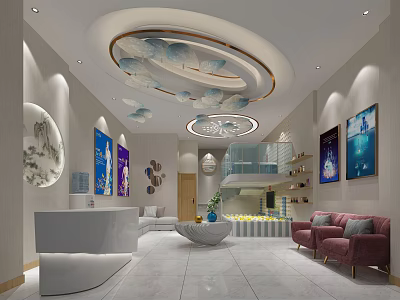 Modern Beauty Hair Salon Reception Area With Elegant Lighting Decorative Paintings And Sofa Seating 3d model
