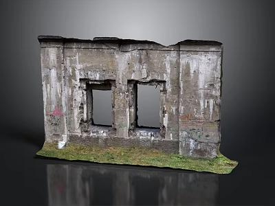 Dilapidated Wall With Two Window Frames Peeling Paint And Grass At Base 3d model