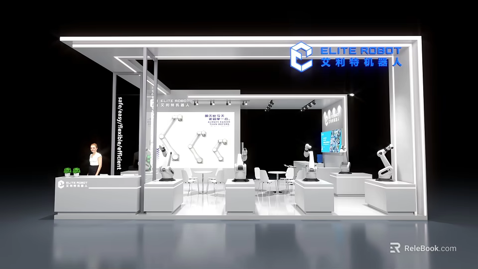 ELITEROBOT Exhibition Booth Featuring Robot Models Display Area And Staff Presence 3d model 
