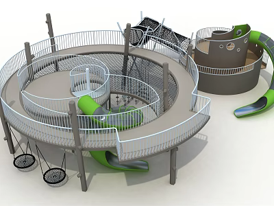 Modern Playground Equipment With Spiral Slide Circular Platform Swings And Green Slides 3d model