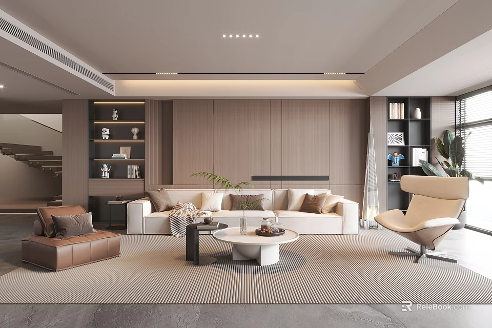 Modern Duplex Living Room Interior With Wooden Wall Beige Sofa Round Coffee Table And Bookshelves 3d model 