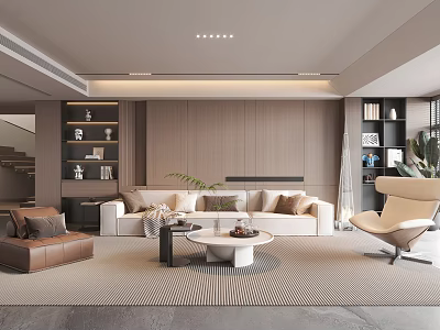 Modern Duplex Living Room Interior With Wooden Wall Beige Sofa Round Coffee Table And Bookshelves 3d model
