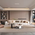 Modern Duplex Living Room Interior With Wooden Wall Beige Sofa Round Coffee Table And Bookshelves
