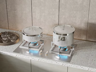 Kitchen Gas Stove With Silver Pots Blue Flames Metal Tray And Cups On Countertop 3d model