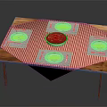 Wooden Dining Table With Red White Checkered Tablecloth And Blue Pattern Placemats