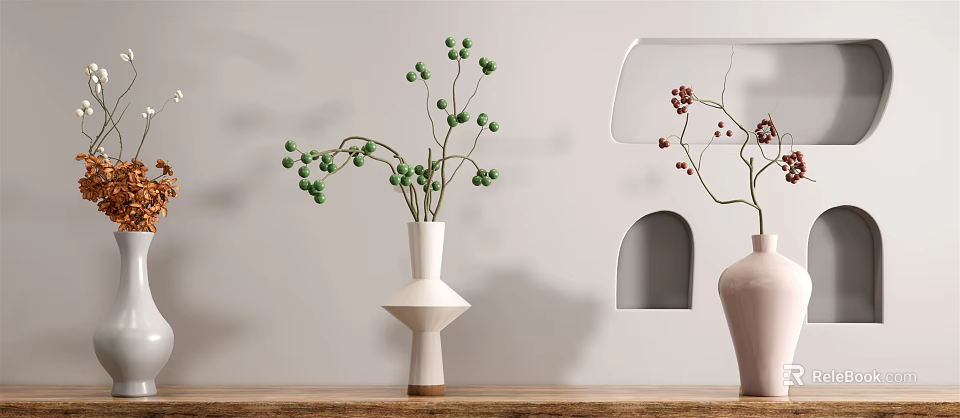 Modern Geometric Vases With Green And Red Berries On Wooden Shelf Against White Wall 3d model 