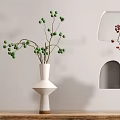 Modern Geometric Vases With Green And Red Berries On Wooden Shelf Against White Wall