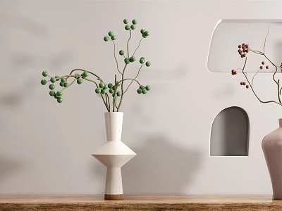 Modern Geometric Vases With Green And Red Berries On Wooden Shelf Against White Wall 3d model