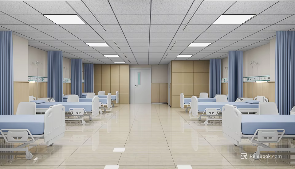 Hospital Ward Interior With Multiple Beds Blue Curtains And Ceiling Lights 3d model 
