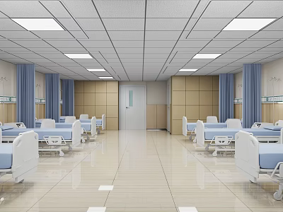 Hospital Ward Interior With Multiple Beds Blue Curtains And Ceiling Lights 3d model