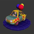 Colorful Toy Car With Yellow Polka Dots Red Blue Balloons Cartoon Character And Blue Base