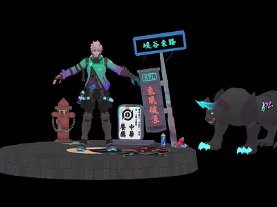 Anime Style Character With Horned Creature Near Chinese Signboards Red Fire Hydrant On Stone Platform 3d model