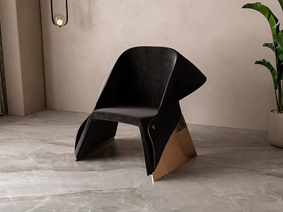 Black Velvet Leisure Chair With Modern Design Golden Metal Legs Gray Floor Beige Wall Potted Plant 3d model