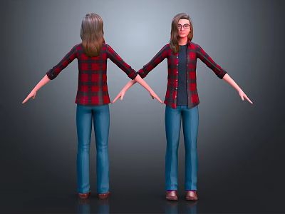 Woman front back wearing red black plaid shirt blue jeans brown shoes hands spread out 3d model