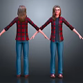 Woman front back wearing red black plaid shirt blue jeans brown shoes hands spread out