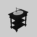 Black Wooden Bathroom Vanity With Carved Legs Faucet And Lower Storage Shelves