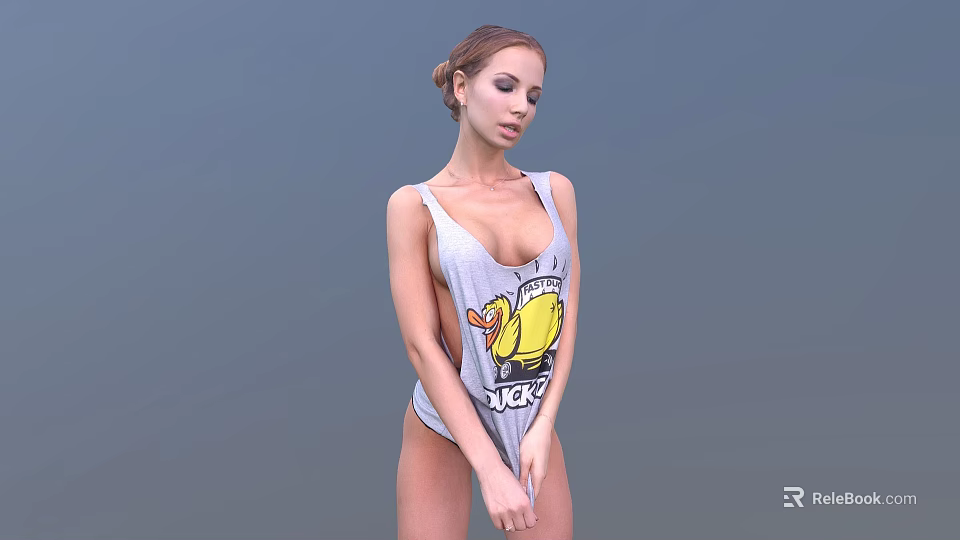 Woman In Gray Tank Top With Cartoon Graphic And JERK Text Against Gray Background 3d model 