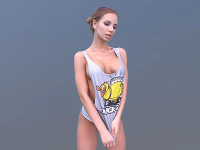 Woman In Gray Tank Top With Cartoon Graphic And JERK Text Against Gray Background 3d model