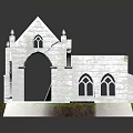 Ancient Stone Ruins With Gothic Arched Windows Moss Covered Walls On Grass Stone Slab Ground