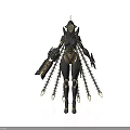 Mechanical Female Character Armored Design With Gold Black Accents Spikes And Combat Weapons