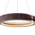Stylish Modern Circular Chandelier With Wooden Slats And Illuminated Layered Rings