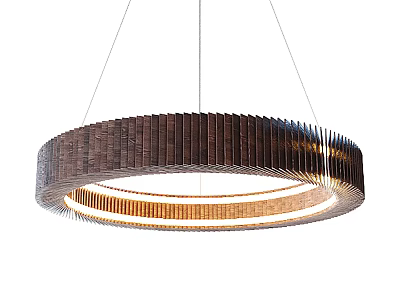 Stylish Modern Circular Chandelier With Wooden Slats And Illuminated Layered Rings 3d model