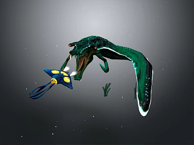 Green Mythical Creature Interacting With Blue Yellow Spotted Character In Dark Space With Floating Lights 3d model