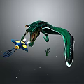 Green Mythical Creature Interacting With Blue Yellow Spotted Character In Dark Space With Floating Lights