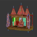 Handcrafted Traditional Shrine Cabinet with Ornate Spire Tops Pink Gold Decor Peacock Background Deity Statue
