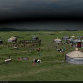 Scenic Green Mongolian Grassland With Yurts Grazing Cattle Horses And People