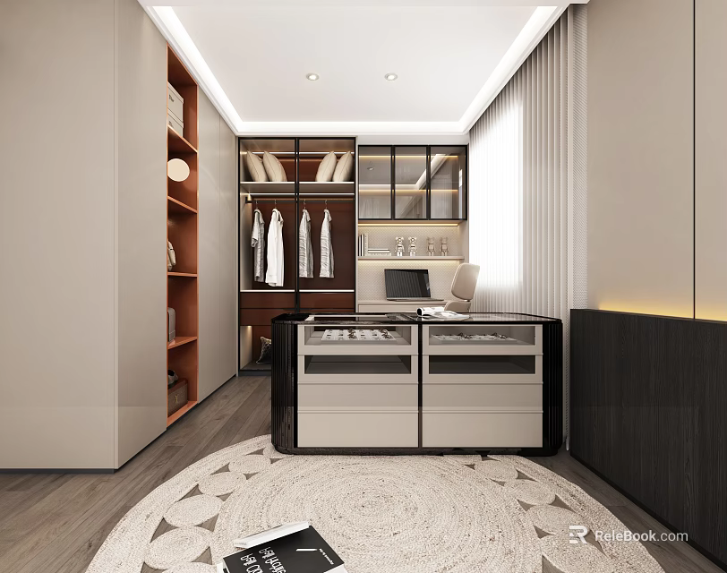 Modern Walk In Closet With Wooden Cabinets Hanging Area Drawers And Recessed Lighting 3d model 
