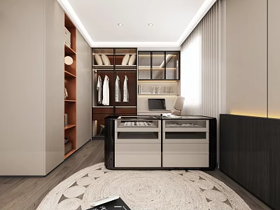 Modern Walk In Closet With Wooden Cabinets Hanging Area Drawers And Recessed Lighting 3d model