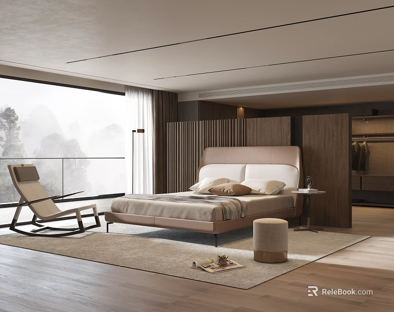 Modern Minimalist Bedroom Interior With Large Window View Wooden Floor Rocking Chair And Area Rug 3d model 