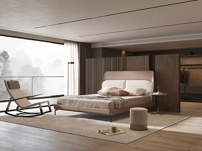 Modern Minimalist Bedroom Interior With Large Window View Wooden Floor Rocking Chair And Area Rug 3d model