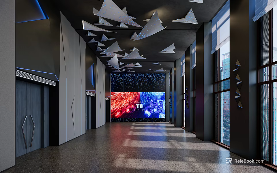 Modern Internet Cafe Interior With Large Screen Comfortable Seating And Tech Lighting 3d model