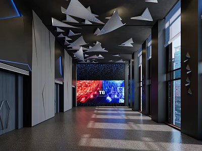 Modern Internet Cafe Interior With Large Screen Comfortable Seating And Tech Lighting 3d model