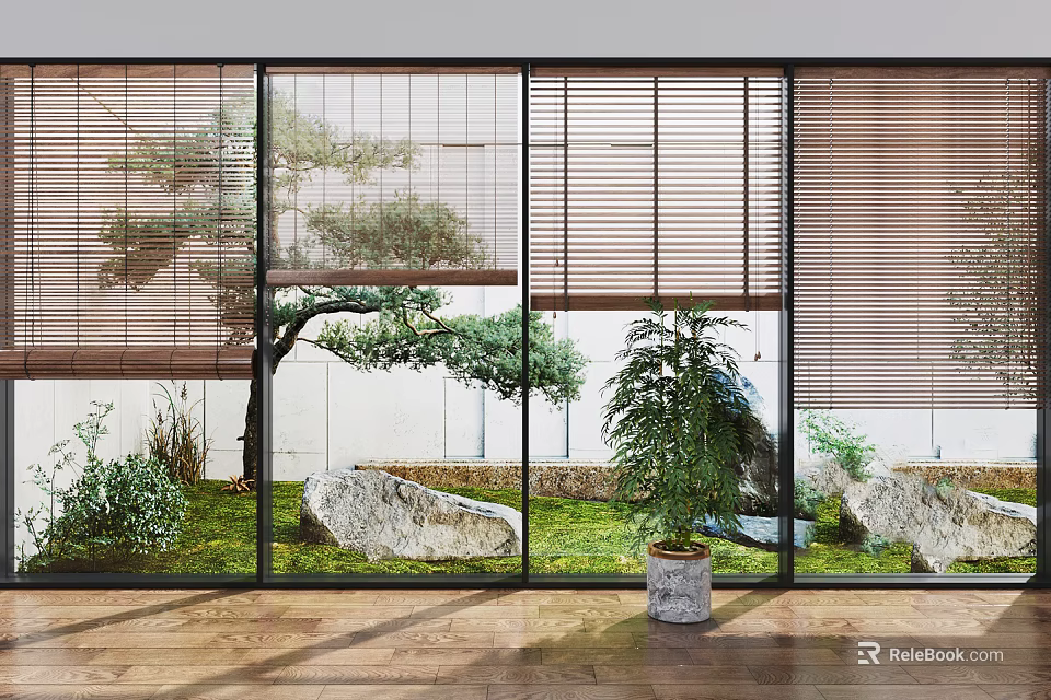 Modern Window Blinds For Interior With Natural Outdoor View Tree Rocks Grass And Potted Plant 3d model 