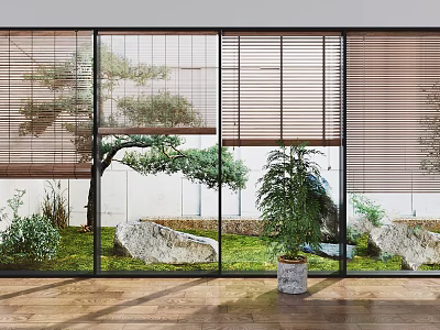 Modern Window Blinds For Interior With Natural Outdoor View Tree Rocks Grass And Potted Plant 3d model