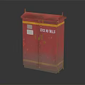 Red Metal Cabinet With Stick No Bills Sign And Yellow Stripes