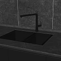 Modern Double Bowl Kitchen Sink With Stainless Steel Faucet Black Marble Countertop Grey Stone Backsplash