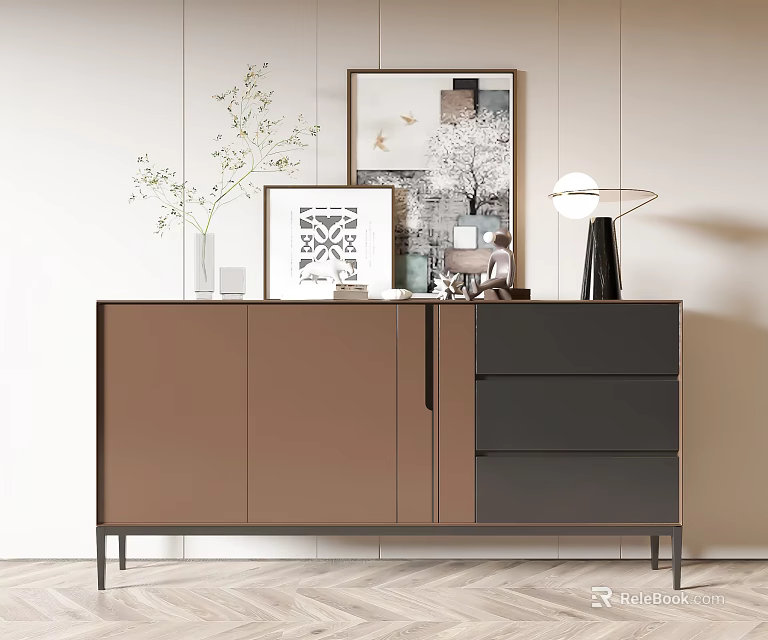 Modern Entryway Side Cabinet With Brown Gray Doors Metal Frame And Decorative Vase Lamp Artwork 3d model 